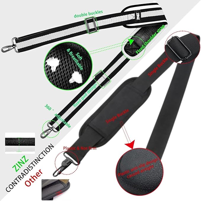 ZINZ Shoulder Strap Universal Bag Strap - 78" Ultra-Thick Padded with Dual Balanced Adjustable Buckles for Briefcase, Travel, Sports, Laptop, Crossbody Bag，Stripes-BkWBk