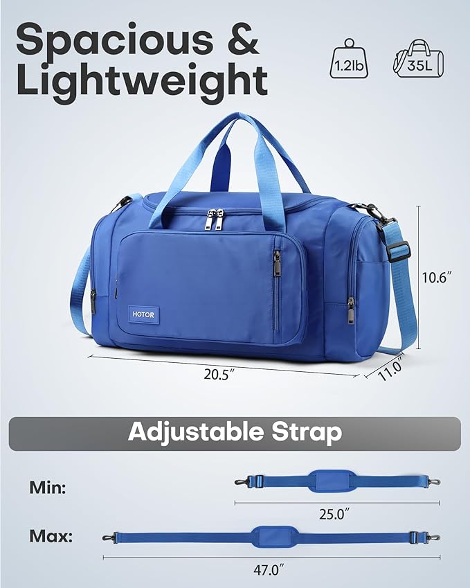 HOTOR Gym Bags for Men & Women - Spacious Duffle Bag with Shoe Compartment & Wet Pocket, Carry On Weekender Bag Portable Sports Duffel Bag for Workout, Fitness, Travel, Blue, 20.5" x 11.0" x 10.6"