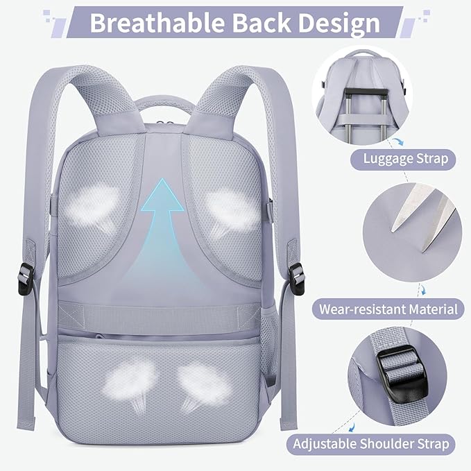 ZOMFELT Travel Backpack for Women Men, Carry On Backpack, TSA 15.6inch Laptop Backpack Flight Approved, Personal Item Travel Bag Nurse Bag Casual Daypack for Weekender Business Hiking Trip, Purple