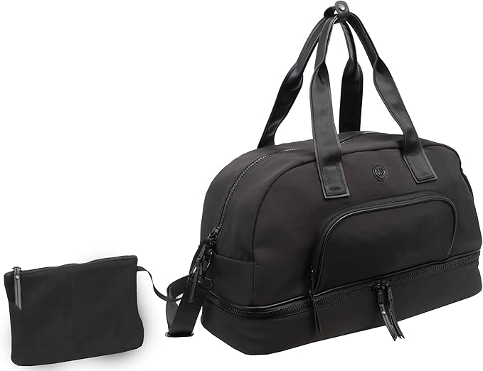 Joan & David 22" Drop Bottom Travel Weekender Overnight Gym Duffel Bag, Includes Front Zip Pocket, Interior Mesh Zip, Detachable Pouch with TSA Approved Bottles (Black)