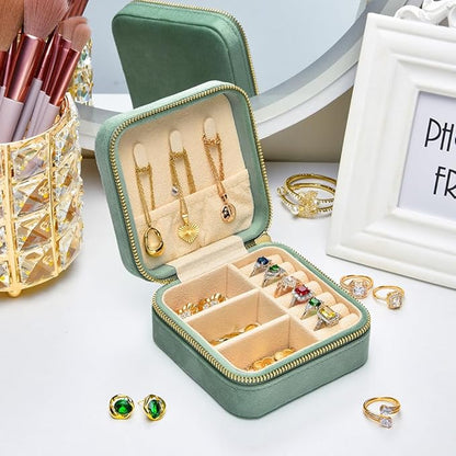 TAIMY Travel Jewelry Case, Small Plush Velvet Jewelry Box for Women and Girls, Portable Jewelry holder organizer for Rings Earrings Necklaces Bracelets(Mint)