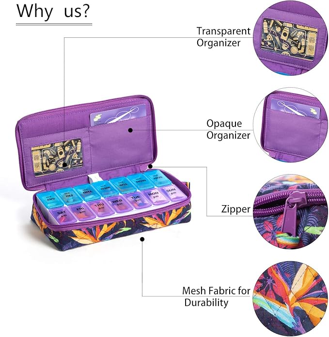 Weekly Pill Organizer 2 Times a Day, Zumd Pill Box 7 Day with Cute Quilted Fabric Zipper Case, Travel Pill Case Am Pm for Vitamin Medicine Organizer