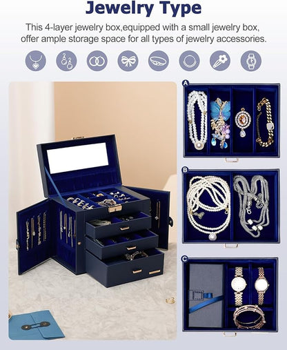 Homde 2 IN 1 Jewelry Box for Women Girls with Small Travel Case Mirror Necklace Ring Earrings Organizer - Christmas Gifts (Dark Blue + Gold)