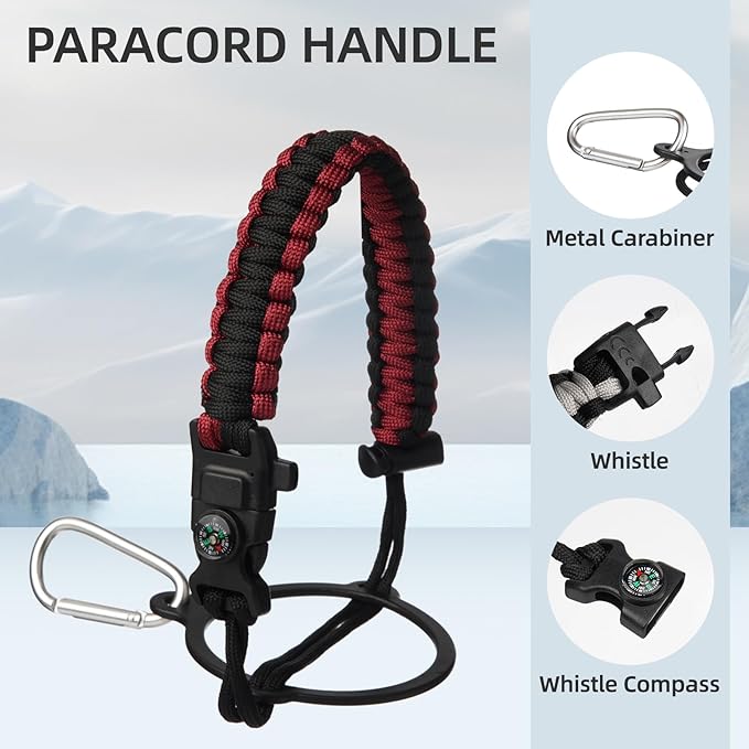 Insulated Water Bottle with Straw,50 oz 3 Lids Water Jug with Carrying Bag,Paracord Handle,Double Wall Vacuum Stainless Steel Metal Flask,Dark Red