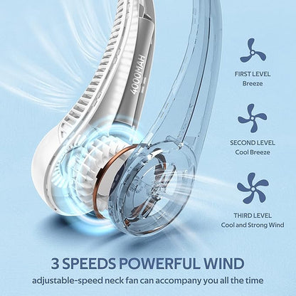 Portable Neck Fan, Hands Free Personal Fan,360° Airflow,3-16 Running Hours, 72 Wind Outlets,4000mAh Battery USB Rechargeable,3-Speeds, Birthday Gifts for Men Women(White)