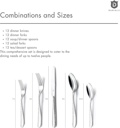 Matte Silverware Set, 18/10 Stainless Steel Satin Flatware, Modern Brushed Finish Cutlery, Dishwasher Safe & Durable, Built to Last (60-Piece, Fidenza Hammered)