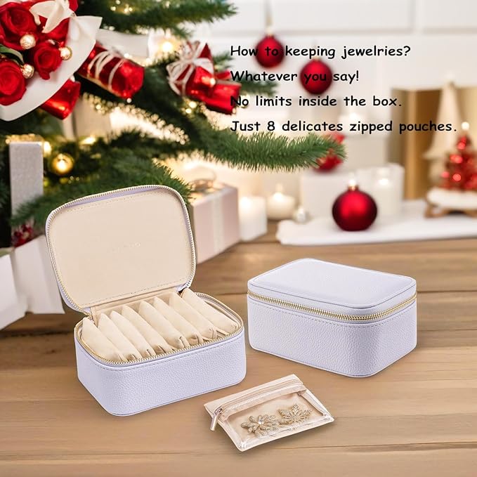 Vlando Travel Jewelry Box Organizer - 8 Small Velvet Zipped Pouches Pockets for Jewelries Necklaces Rings Earrings Sorting Storage, Lilac Purple