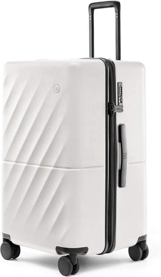 NINETYGO Trunk Luggage 26 Inch, Medium Checked Luggage with Double Spinner Wheels, Anti-Burst Zipper, Hard Case PC Suitcase, Lightweight Travel Luggage, TSA Approved (Pearl White, Hudson)