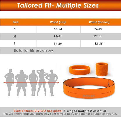 Reflective Running Belt Set – Sweat-Resistant Fanny Pack for Women & Men with Sweatband & Wristband – Phone Holder Waist Pouch for Gym, Travel, Marathon – S/M/L Sizes (Orange, Medium)