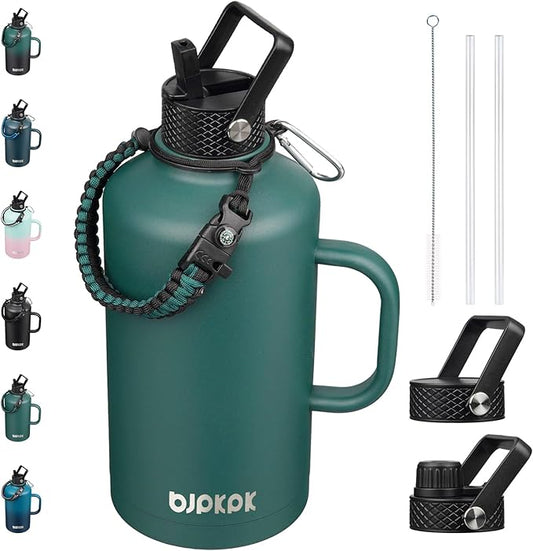 BJPKPK 2/3 Gallon Water Bottle Insulated with Straw Lid, 50oz, 64oz, 87oz, 128oz Large, Stainless Steel Water Bottles with 3 Lids and Paracord Strap, Double Wall Vacuum Metal Water Jug,Army Green