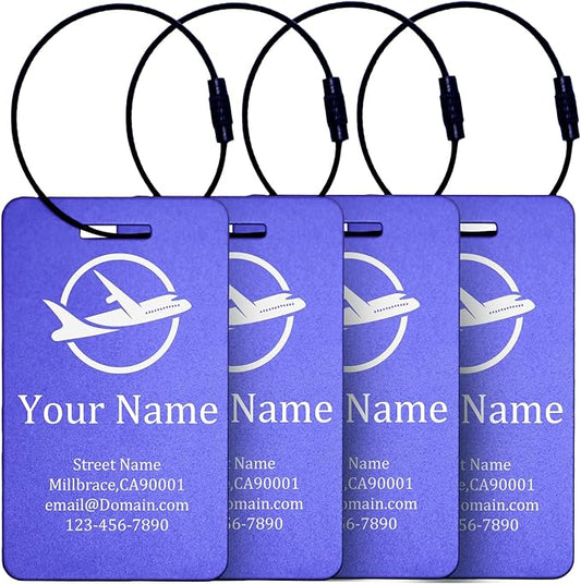 Luggage Tags for suitcases Tags Pack of 4 Personalized Luggage Tags Double Sided Laser Engraving Metal Luggage Tag and Stainless Loops Customizable Luggage Tag Cruise Luggage tag (Purpie, Large)
