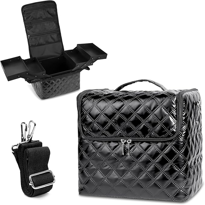 Deciniee Travel Makeup Bag, 4 Trays Large Cosmetic Bag for Woman with Adjustable Dividers, Organizer Bag Waterproof, Travel Essentials Cosmetic Bag, Train Case for Nail Tech Black