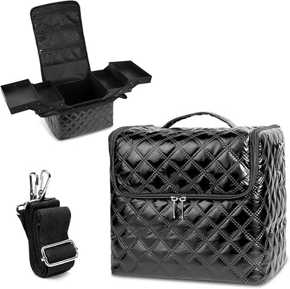 Deciniee Travel Makeup Bag, 4 Trays Large Cosmetic Bag for Woman with Adjustable Dividers, Organizer Bag Waterproof, Travel Essentials Cosmetic Bag, Train Case for Nail Tech Black