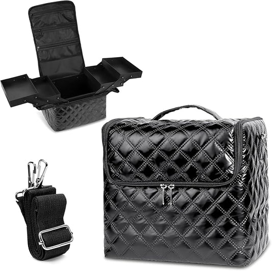 Deciniee Travel Makeup Bag, 4 Trays Large Cosmetic Bag for Woman with Adjustable Dividers, Organizer Bag Waterproof, Travel Essentials Cosmetic Bag, Train Case for Nail Tech Black