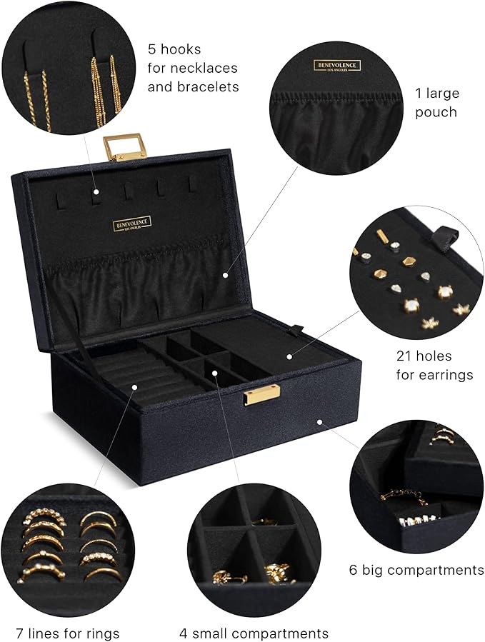 Benevolence LA 2 Layer Jewelry Box for Women, Large Velvet Jewelry Organizer with Decorative Lock, Removable Jewelry Tray, Earrings, Bracelets, Rings and Necklace Storage Box - Ebony