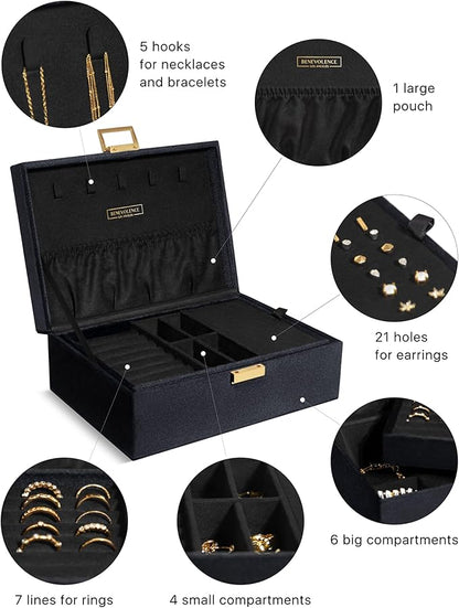 Benevolence LA 2 Layer Jewelry Box for Women, Large Velvet Jewelry Organizer with Decorative Lock, Removable Jewelry Tray, Earrings, Bracelets, Rings and Necklace Storage Box - Ebony