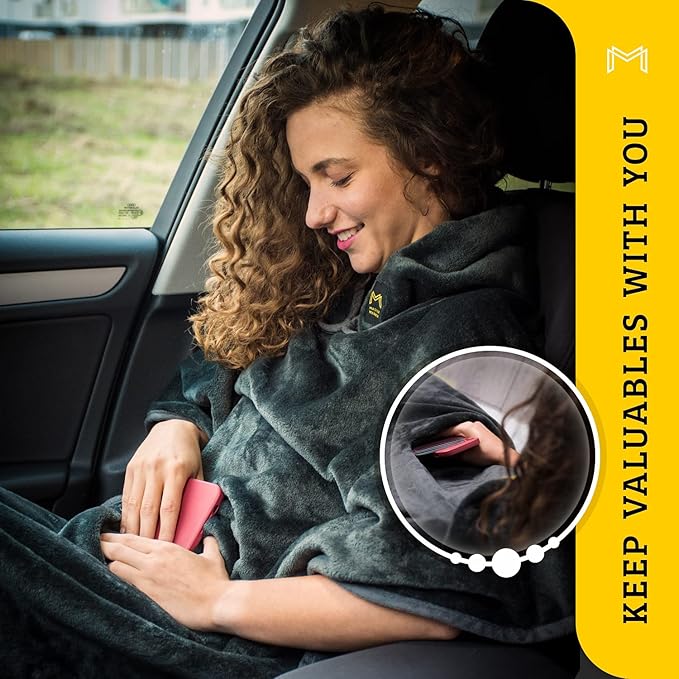 Travel Blanket Airplane Compact with Hoodie – 2in1 Airplane Travel Accessories from Plane Blanket to Travel Pillow with Luggage Strap, Soft Handle & Secure Pocket