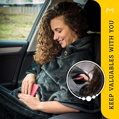 Travel Blanket Airplane Compact with Hoodie – 2in1 Airplane Travel Accessories from Plane Blanket to Travel Pillow with Luggage Strap, Soft Handle & Secure Pocket