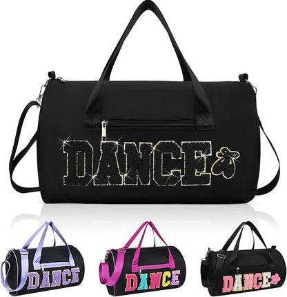 Dance Bag for Girls, KUIRAN 23L Waterproof Travel Duffel Bag with Colorful Chenille Letter, Lightweight Small Gym Sport Ballet Weekender Bag with Large Main Compartment - Black/Gold