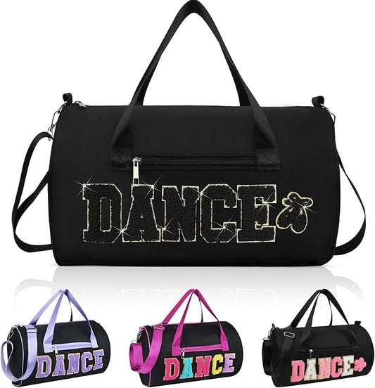 Dance Bag for Girls, KUIRAN 23L Waterproof Travel Duffel Bag with Colorful Chenille Letter, Lightweight Small Gym Sport Ballet Weekender Bag with Large Main Compartment - Black/Gold