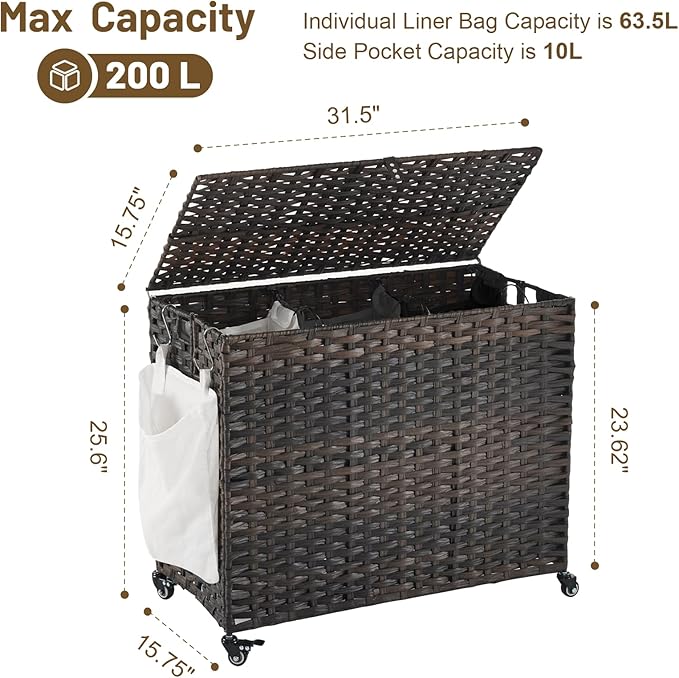 Laundry Hamper with Wheels, 52.8 Gallon(200L) Rolling Laundry Basket with Lid, Removable Large 3 Color Liners & 3 Mesh Laundry Bags, Clothes Hamper with Side Pocket, Brown
