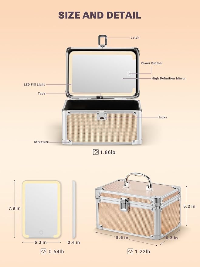 Qislee Makeup Box Mini with A Detachable Lighted Mirror, Waterproof Small Makeup Case,Cosmetic Organizer and Travel Train Case with Magnetic LED Mirror(Silver Frame Rose Gold)