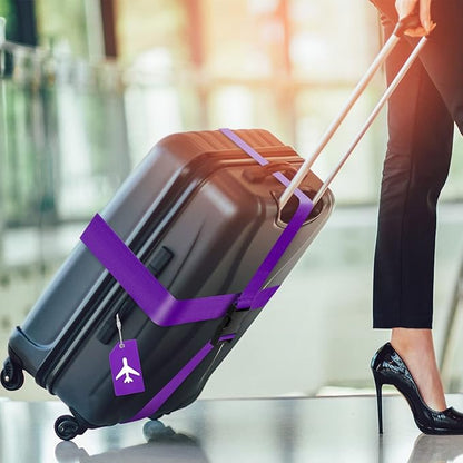 Weewooday 8 Pcs Luggage Straps Suitcase Tags Set for TSA Approved, 4 Travel Adjustable Suitcase Belt, 4 Silicone Luggage Tags with Name ID Card Travel Accessories(Dark Purple,Airplane)