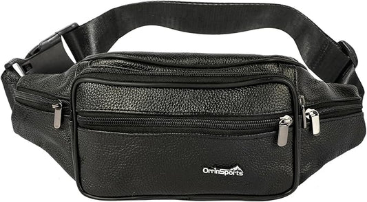 Genuine Leather Fanny Pack For Men and Women Multiple Pockets Waist Bag with Adjustable Strap for Travel Casual Sports Hiking Cycling Fishing Running Black Belt Bag