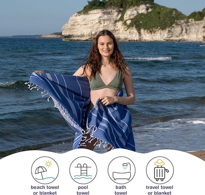 Turkish Beach Towels, Bulk Case of 12 | Oversized, Quick Dry, Sand Free | 100% Cotton, Large 38x71 Towels for Beach, Pool, Travel | Ultra-Soft, Compact, Absorbent | Blue
