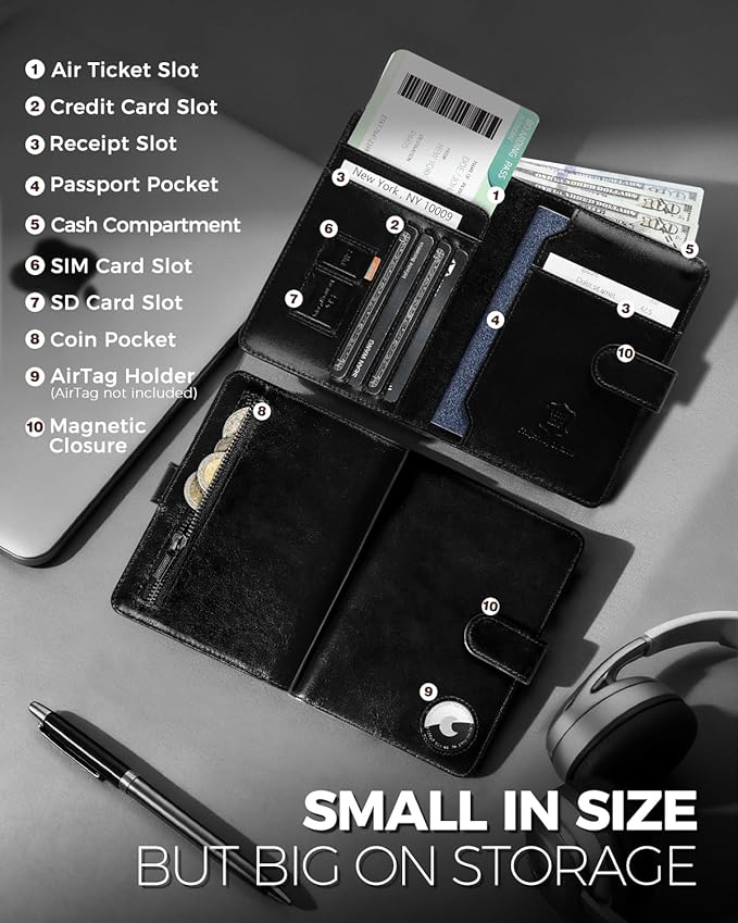 LORZOR Passport Holder for Travel: Full Grain Leather Passport Cover with Airtag Holder Magnetic Buckle for Men - RFID Blocking Bifold Wallet for Air Ticket Card Cash Coin (Black)