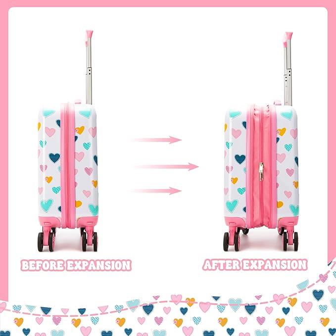 Kid's Luggage Set 3 Piece Suitcase Set 16" Hardside Luggage with Spinner Wheels Girls Carry on Toddler Travel Rolling Suitcase with Duffle Bag Neck Pillow Airline Approved