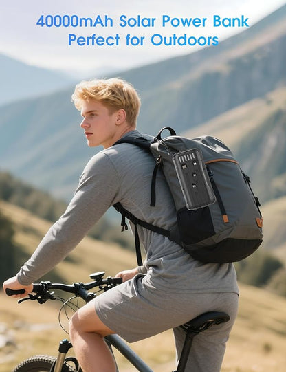 Solar Charger Power Bank, PD 20W Fast Charging External Batter, 40000mAh Portable Phone Charger Built in 4 Cables with Dual Bright Flashlights for Camping, Hiking, and Outdoor Use (Black)