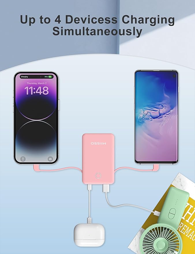 miisso 6000mah Ultra Slim Built in Cables Power Bank, Card Size Built in USB C Cords Battery Pack Portable Charger for Phones, 3 Output External Battery Pack Compatible with iPhone, Pink