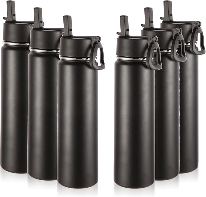 Volhoply 24oz Insulated Water Bottle With Straw Bulk 6 Pack,Metal Wide Mouth Water Bottles With Handle Lid Keep Cold,Reusable Double Wall Cups,Powder Coated Sport Bottle For Holder(Black,6 Count)