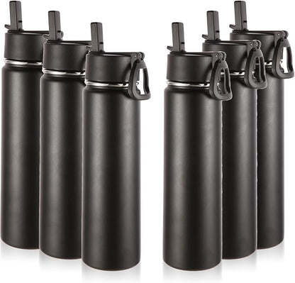 Volhoply 24oz Insulated Water Bottle With Straw Bulk 6 Pack,Metal Wide Mouth Water Bottles With Handle Lid Keep Cold,Reusable Double Wall Cups,Powder Coated Sport Bottle For Holder(Black,6 Count)