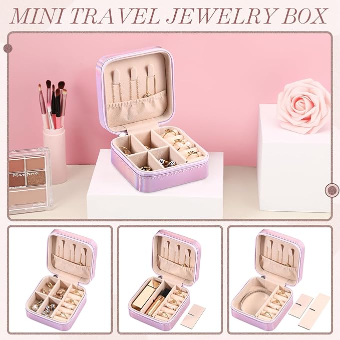 Yinkin 12 Pcs Mini Travel Jewelry Case Bridesmaid Proposal Gift Boxes, Small PU Leather Earring Organizer, Bulk Travel Accessories Portable Jewelry Holder(Glossy Pink)