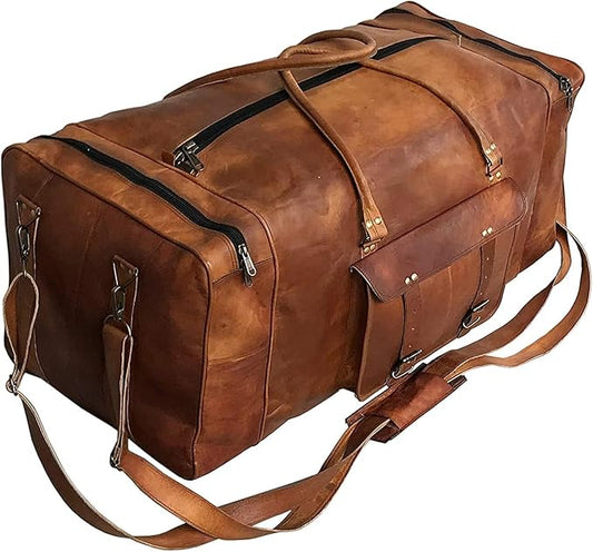 Leather Duffle Bag for Men Luggage Handmade Travel Bag Carry On Luggage Weekender Bags Overnight Gym Sports Cabin Holdall Bag For Airplanes Men And Women (21 Inch Brown)