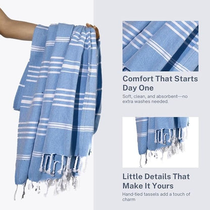 Cotton Turkish Beach Towel with Towels Oversized 36"x72" Pool Absorbent Extra Large Quick Dry Sand Travel Towel (Azure Bliss, 2 Pack)