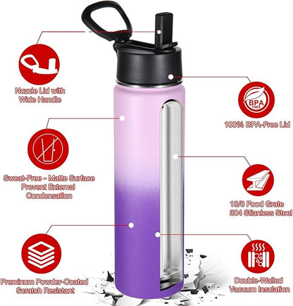 Volhoply 24oz Insulated Water Bottle With Straw Bulk 6 Pack,Metal Wide Mouth Water Bottles With Handle Keep Cold,Reusable Double Wall Cups,Powder Coated Sport Bottle For Holder(Lavender,6 Count)