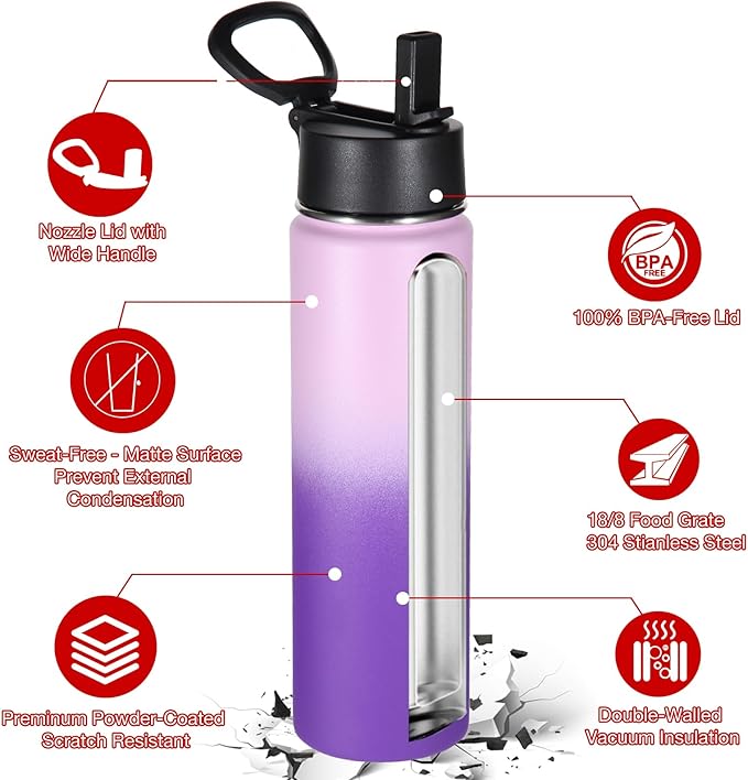 Volhoply 24oz Insulated Water Bottle With Straw Bulk 3 Pack,Metal Wide Mouth Water Bottles With Handle Keep Cold,Reusable Double Wall Cups,Powder Coated Sport Bottle For Holder(Purple,3 Count)