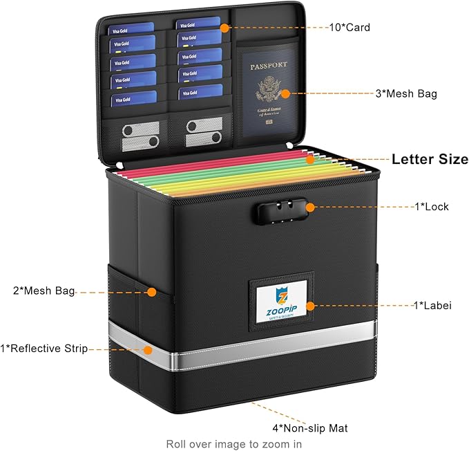 Fireproof File Box with Lock, Document Box Storage Organizer, Suitable for Hanging File Folders in Letter Size, Collapsible File Box, Reflective Strip for Fast Find (12.2"*6"*10.2, Black)