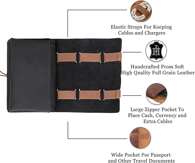 HARDISTON Genuine Leather Electronic Cable Organizer Bag Handmade Travel Cord Organizer Roll Case for Hard Drives, Cables, Charger, Phone, USB, SD Card (Medium - Black)