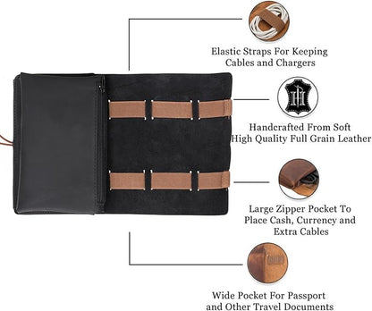 HARDISTON Genuine Leather Electronic Cable Organizer Bag Handmade Travel Cord Organizer Roll Case for Hard Drives, Cables, Charger, Phone, USB, SD Card (Medium - Black)