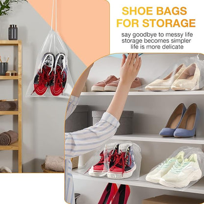 Thenshop 100 Pieces Plastic Shoe Bags for Travel Large Clear Drawstring Bags 12 x 16 Inch Travel Shoe Organizers Thick Waterproof Storage Portable Pouch with Rope for Slipper Men Women