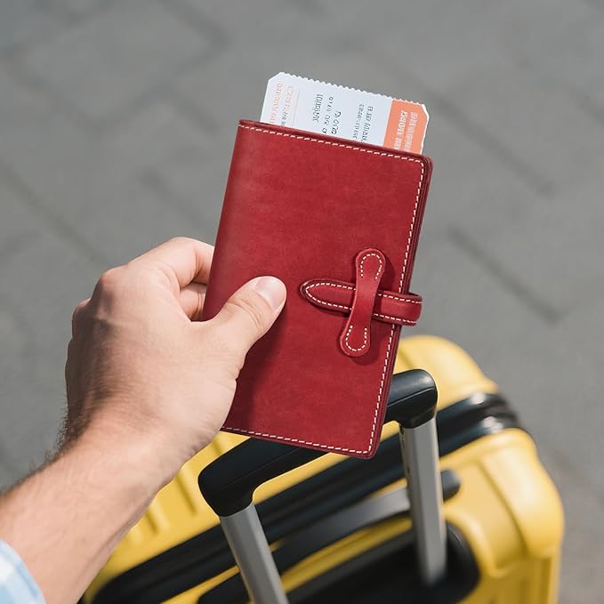 Leather Passport Holder for Travel Women Men, RFID Blocking Card Slot, Top-Grain leather with Magic Buckle, Boarding Pass Pocket,Retro Passport Wallet,Red