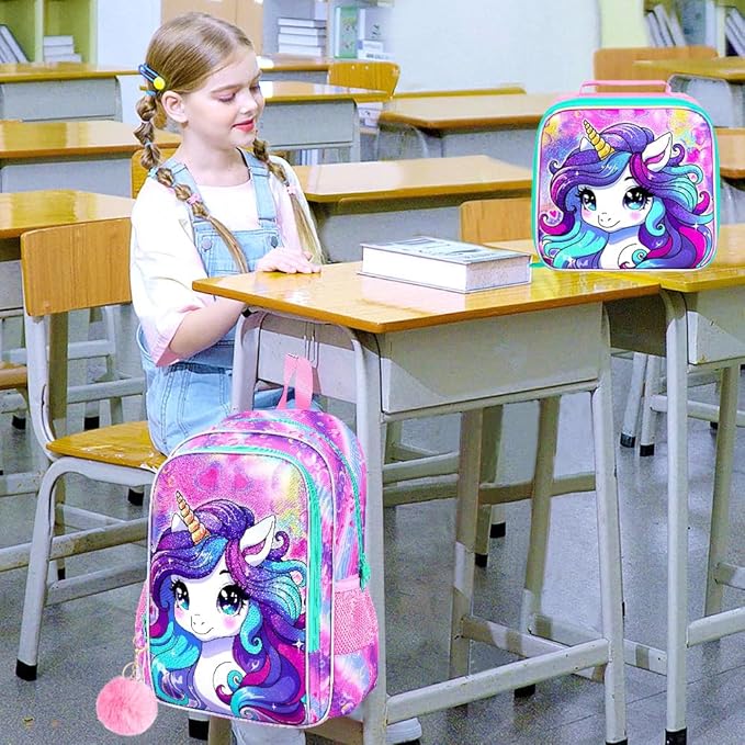 WZLVO 3PCS Unicorn Backpack for Girls, 16'' Kids Preschool Bookbag Set, Cute Water Resistant Kindergarten Elementary School Bag with Lunch Box