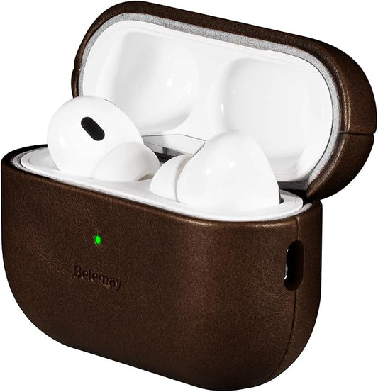 Belemay Handcrafted Full-Grain Vegetable-Tanned Leather Case for AirPods Pro 3rd Gen (2025), Two-Tone Effect, Natural Patina, Compatible with MagSafe, Compatible with Airpods Pro 3, Bourbon Brown