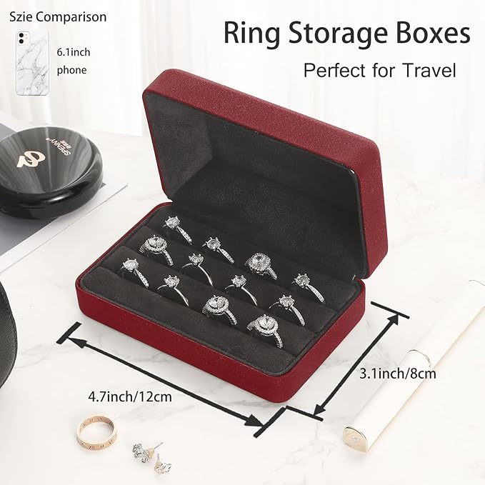 Ring Storage Boxes for Multiple Rings, Compact and Stylish Travel Jewelry case, Portable Small jewelry Organizer Box Tray Gift for Women, Girl(Red)