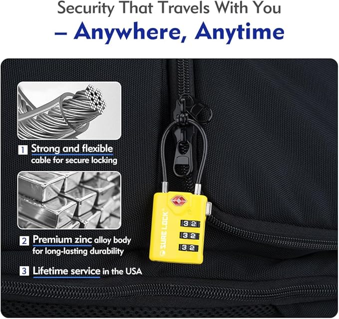 SURE LOCK TSA Approved Combination Luggage Locks with Open Alert Indicator – Durable Zinc Alloy Cable Travel Locks with Large Easy-Read Dials for Suitcases, Backpacks & Gym Bags(2, Yellow)