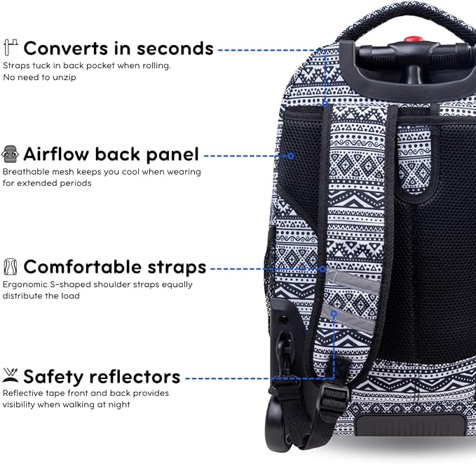J World New York Sundance Rolling Backpack Girl Boy Roller Bookbag, Tribal, One Size